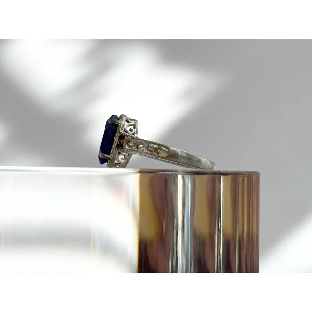 Lapis Lazuli Oval Cut Ornate Cutout Sterling Silver Vintage Ring - sz 4.75 - Picture 4 of 10